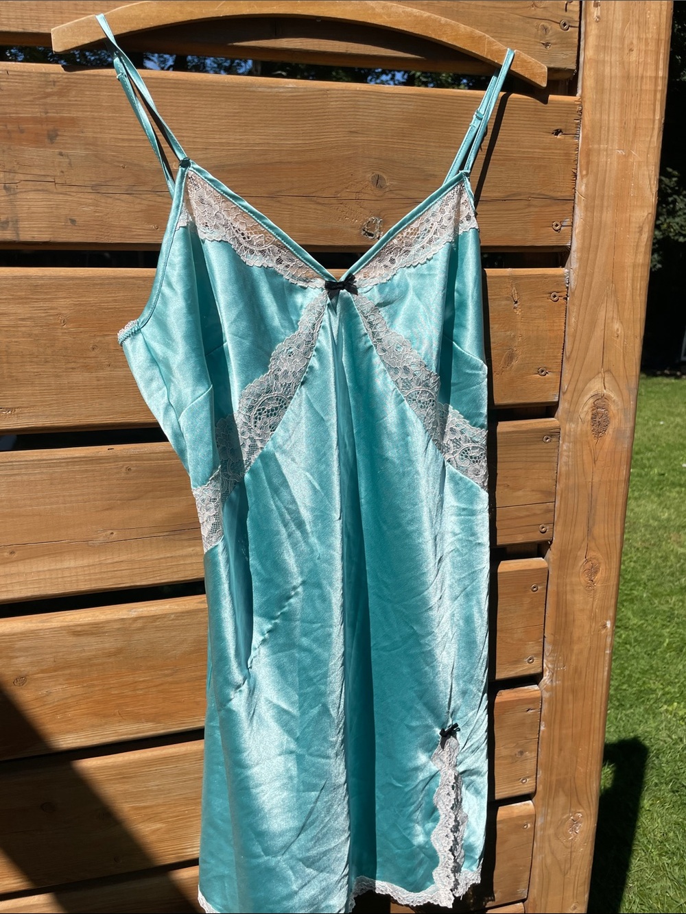 Vintage Victoria’s Secret Y2K Satin Lace Trim Slip Dress Medium Teal